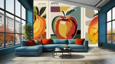 Set of Abstract Fruit Market retro posters. Trendy contemporary wall arts with fruit design. Modern naive groovy funky interior decorations, paintings. Vector illustrations. Wall mural