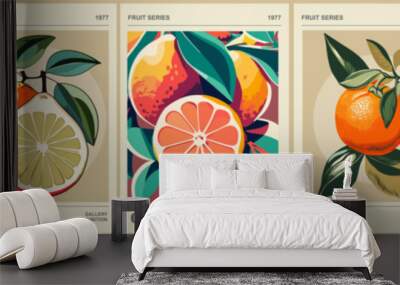 Set of abstract Fruit Market retro posters. Trendy kitchen gallery wall art with citrus fruits - orange, pomelo, mandarin, tangerine, clementine. Modern groovy interior paintings. Vector illustration. Wall mural