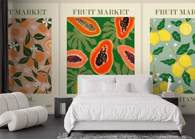 Set of abstract Fruit Market retro posters. Trendy kitchen gallery wall art with lemon, orange, papaya fruits. Modern naive groovy funky interior decorations, paintings. Vector art illustration. Wall mural