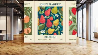 Set of abstract Fruit Market retro posters. Trendy kitchen gallery wall art with pear, peach, strawberry fruits. Modern naive groovy funky interior decorations, paintings. Vector art illustration. Wall mural