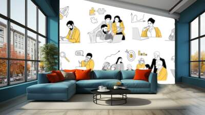 Set of Business scene vector outline illustrations on transparent background. Collection of men, women, business team working together, taking part in business activities, meeting, discussing. Wall mural