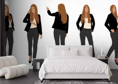 Set of business woman character in different poses, standing, walking, talking by phone, back, side front view. Attractive lady boss full length vector illustration isolated on transparent background. Wall mural