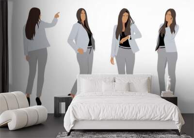 Set of Business woman character in different poses. Pretty young woman wearing formal gray suit and high heels, standing, walking, talking by phone, front, rear, side view. Vector illustration. Wall mural