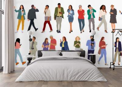 Set of different people using gadgets. Business men and women holding smartphones and tablet, texting, talking, watching news. Group of male, female cartoon characters Vector realistic illustrations. Wall mural