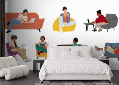 Set of different people working on laptop, using phone, sitting on armchair, sofa. Freelance, Online, distant, remote, hybrid work, learning concept. Vector illustrations on transparent background. Wall mural