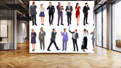 Set of diverse Business People with smartphones vector realistic illustrations isolated. Different poses, front, side, rare view. Men, women in formal, smart casual outfits using mobile phones.  Wall mural