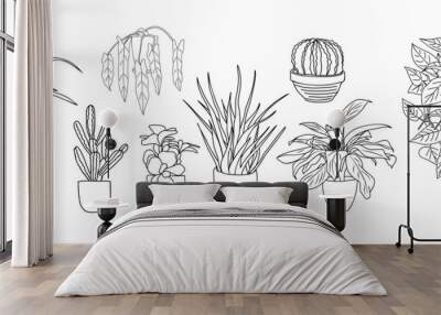 Set of Houseplants outline drawings. Indoor exotic flowers in pots line art. Dracaena, ficus, cacti, snake plant for home interior plans, design. Vector illustrations on transparent background. Wall mural