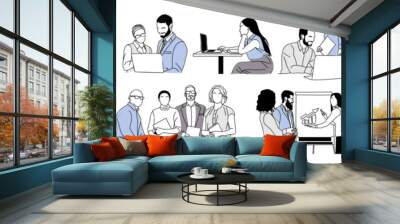 Set of illustrations of business men and women working, meeting, talking, taking part in business activities. Vector simple outline drawing for graphic and web design, transparent background. Wall mural