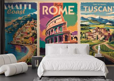 Set of Italy Travel Destination Posters in retro style. Tuscany, Rome, Amalfi Coast digital prints. European summer vacation, holidays concept. Vintage vector colorful illustrations.	 Wall mural