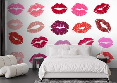 Set of Lipstick kiss prints. Red, pink, purple, wine, magenta lips. Different shapes female sexy lips. Lips makeup. Female mouth. Imprint of lips kiss vector illustrations on transparent background.  Wall mural