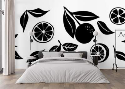 Set of orange fruits silhouettes with flowers and leaves. Hand drawn botanical design elements, icons, shapes. Black outline illustrations isolated on transparent background. Wall mural