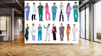 Set of smiling doctors, nurses, paramedics. Different male and female medic workers in uniform with stethoscopes. Flat cartoon vector illustration isolated on transparent background. Wall mural