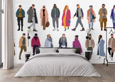 Set of stylish young men and women wearing autumn street fashion outfit. Different business people in smart casual warm outwear clothes. Vector realistic illustrations  on transparent background. Wall mural