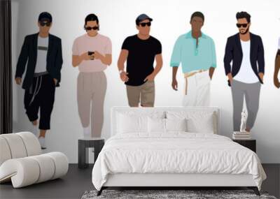 Set of stylish young men wearing summer street fashion outfit. Handsome Business men characters in smart casual office clothes. Vector realistic people illustrations isolated on transparent background Wall mural