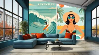 Set of summer posters in retro style with a beautiful woman in bikini and sunglasses, pool, villa, surfing, palm trees. Summer time, vacation digital prints, cover template. Vector illustration.	 Wall mural