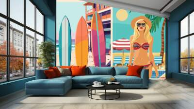 Set of summer posters in retro style with a pool, beautiful woman in bikini, sea beach, surf boards, palm trees. Summer time, vacation digital prints, cover template. Vector illustration. Wall mural