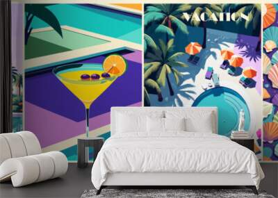 Set of summer posters in retro style with a pool, colorful buildings, palm trees. Summer time, vacation digital prints, cover template. Vector illustration. Wall mural