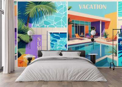 Set of summer posters in retro style with a pool, colorful buildings, palm trees. Summer time, vacation digital prints, cover template. Vector illustration. Wall mural