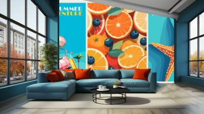 Set of summer posters in retro style with a pool, fruits, sea star, aquapark. Summer time, vacation digital prints, cover template. Vector illustration.	 Wall mural