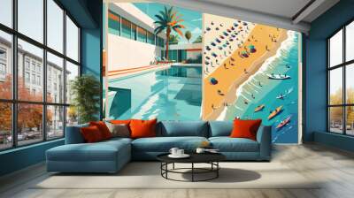 Set of summer posters in retro style with a pool, sea beach, surf boards. Summer time, vacation digital prints, cover template. Vector illustration. Wall mural