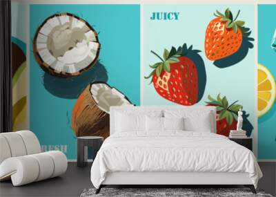 Set of summer posters in retro style with fresh juicy fruits, coconut, avocado, strawberry, lemon. Summer time, vacation digital prints, cover template. Vector illustration. Wall mural