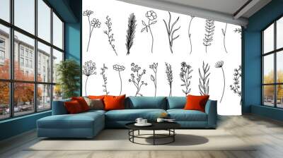 set of tiny wild flowers and plants line art vector botanical illustrations. trendy greenery hand dr Wall mural