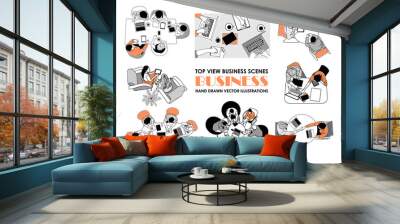 Set of top view Business scene vector outline illustrations on transparent background. Collection of men, women, business team working together, taking part in business activities, meeting, discussing Wall mural