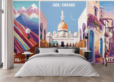 Set of Travel Destination Posters in retro style. Peru, Abu Dhabi, United Arab Emirates, Italy prints. Exotic summer vacation, international holidays concept. Vintage vector colorful illustrations. Wall mural