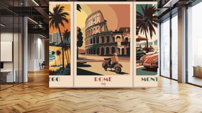 Set of Travel Destination Posters in retro style. Rome, Italy, San Diego, USA, Monte Carlo, Monaco digital prints. Summer vacation, holidays concept. Vintage vector colorful illustrations. Wall mural