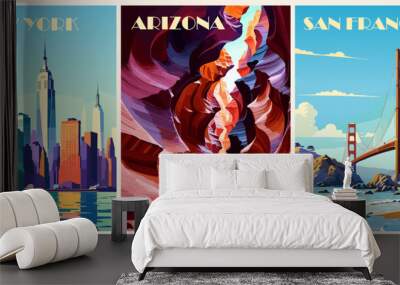 Set of USA Travel Destination Posters in retro style. Arizona, New York, San Francisco digital prints. American summer vacation, holidays concept. Vintage vector colorful illustrations. Wall mural