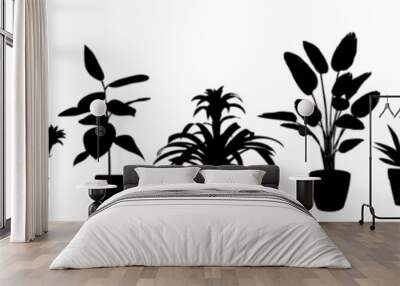 Silhouettes of different House Plants in pot set. Collection of indoor potted decorative houseplants for interior home, office decoration. Monochrome vector illustrations on transparent background. Wall mural