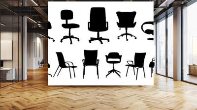 Silhouettes of different office chairs front, side, back view. Wheelchair, manager chair, armchair. Monochrome vector illustrations, furniture interior design elements isolated on white background. Wall mural