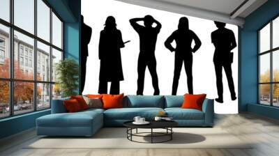 Silhouettes of different People Standing and walking Rear View. Male and Female, couple Characters Back View vector monochrome illustrations, icons Isolated on transparent Background. Wall mural