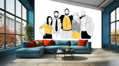 Team work business concept illustration. Diverse men and women standing together, supporting each other. Modern vector outline drawing for graphic and web design. Isolated on transparent background. Wall mural