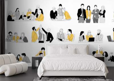 Team work business concept illustrations. Set of illustrations of men and women in working together. Modern vector simple outline style for graphic and web design. Isolated on transparent background. Wall mural