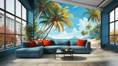 Tropical Sea beach background, landscape with sand beach, sea water edge and palm trees. Colorful vector art illustration, banner, wallpaper.	 Wall mural