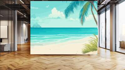 Tropical Sea beach background, landscape with sand beach, sea water edge and palm trees. Colorful vector art illustration, banner, wallpaper Wall mural