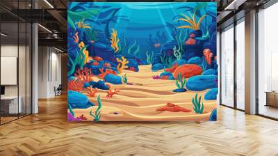 Underwater vector background, banner. Life at sea or ocean bottom. Exotic undersea world with coral reef and sand bottom. Marine landscape, seascape Wall mural