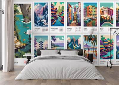 Wall Travel destinations calendar for 2024. Vertical design with famous places poster designs. Vector colorful illustration page template A3, A2 for printable monthly calendar. Week starts on Sunday. Wall mural