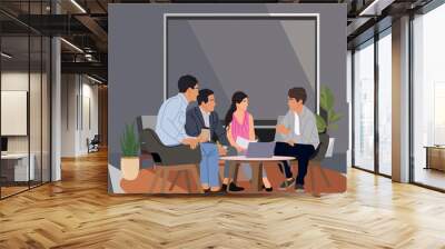 Young business man doing presentation for clients, business partners sitting in armchairs. Meeting in comfortable lounge zone. Vector flat colorful illustration. Wall mural