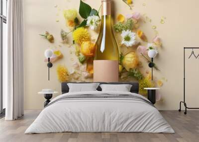 A bottle of wine in flowers, on a yellow  background in pastel colors. Top view with a meta for text. Advertising photo. Wall mural