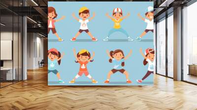 Illustration of a group of cheerful children exercising together, stretching enthusiastically and doing various fitness poses. Wall mural