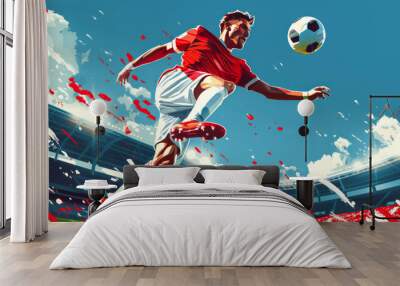 Illustrations of soccer players in dynamic action poses,  kicking the ball, showcasing intensity and athleticism. Wall mural