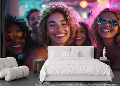 Joyful Friends Gathering, Young Adults Celebrating Nightlife with Smiles and Colorful Lights, Friendship Concept Wall mural