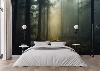 a green dark forest Light leaks, morning, beautiful sunlight, fresh beginning Wall mural