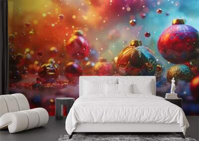 Christmas decorations with baubles and blurred colorful bright lights Wall mural