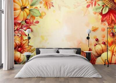 colorful fruits and vegetables in a Thanksgiving holiday background illustration Wall mural