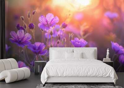 Blooming purple flowers in the field in spring Wall mural