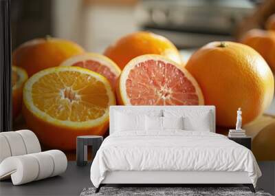 Breakfast fruits on kitchen table grapefruits and oranges Wall mural