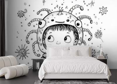 Coloring book illustration of a child in a spider costume with playful elements on a white background Wall mural